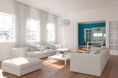 biały, jasny pokój, sofy, kanapy, pufa, niebieska ściana